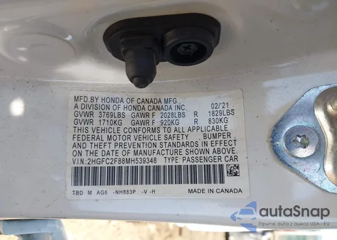 2021 Honda Civic Sport from USA, damaged, VIN 2HGFC2F88MH539348